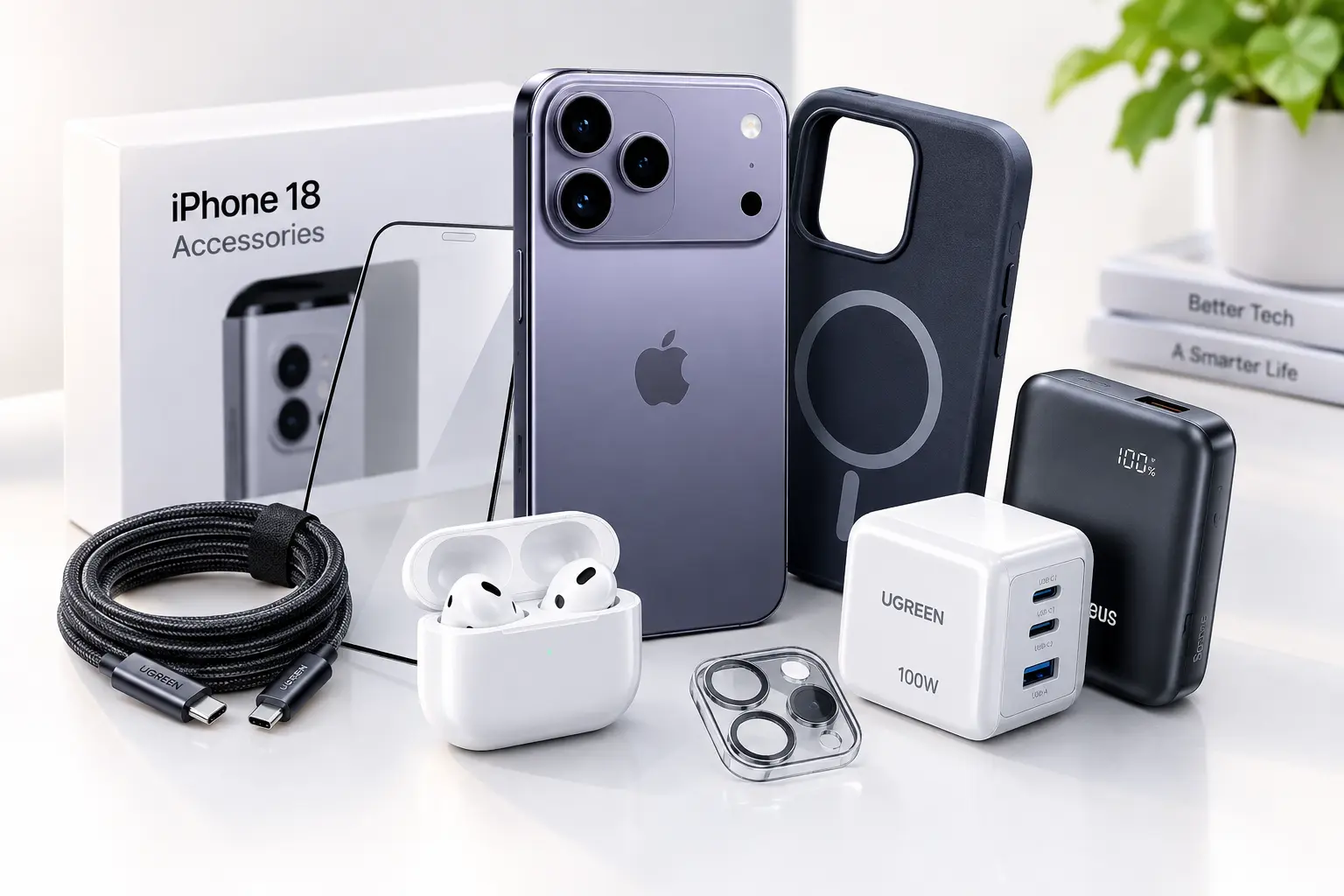 Flat lay of iPhone 18 accessories including case, charger, and earbuds on white surface