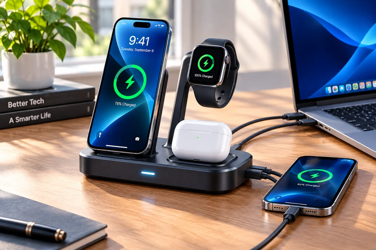Multiple smartphones connected to fast chargers on a wooden desk showing iPhone 18 charging setup